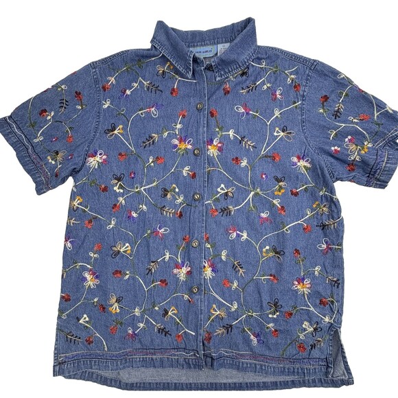 Jane Ashley All-Over Floral Embroidered SS Denim Shirt Casual Weekend Grandma L - Picture 1 of 11
